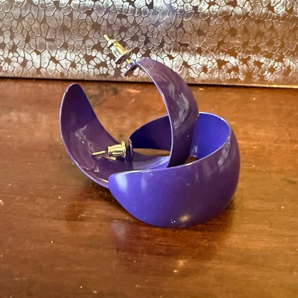 Vintage Purple Enamel Hoop Earrings, Purple Pierced Earrings, Oversized Earrings